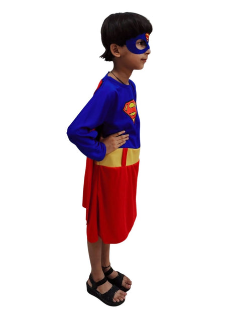 BookMyCostume Supreme Girl Red & Blue Character – Dress with Cape & Eye Mask | Superhero Kids Fancy Dress Outfit For Girls